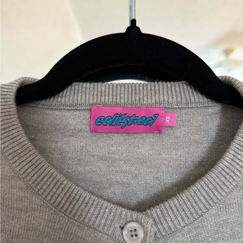 Edikted Gray Crewneck Button Cardigan with Pink Label
